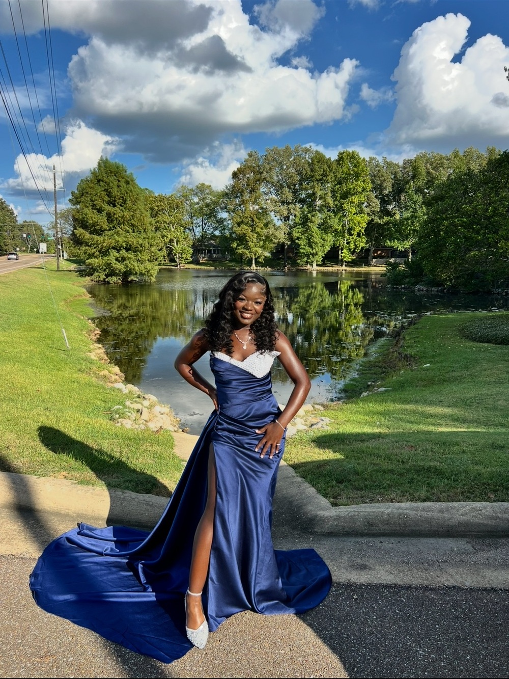Amazon Navy and White Satin Prom Gown with Beaded Bodice